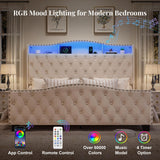 Belffin King Size Bed Frame and Headboard, 50.9" Velvet Upholstered Wingback Bedframe with LED Lights & Storage/Charging Station, Button Tufted Tall Footboard, No Box Spring Needed, Noise-Free, Beige Belffin