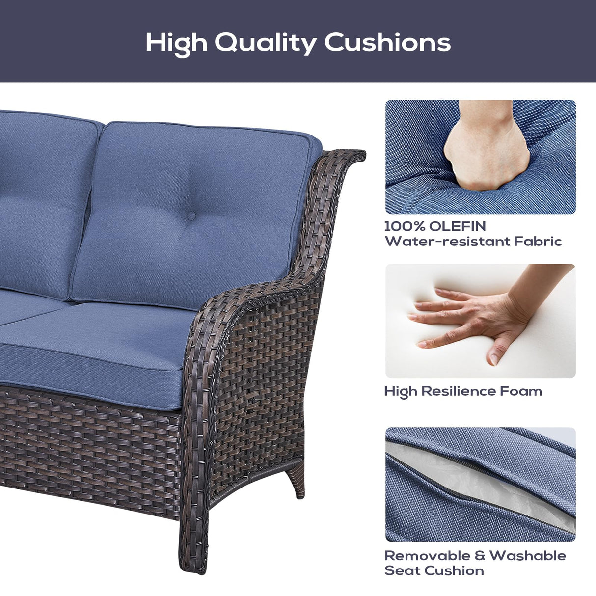 Belord Outdoor Sectional Furniture Sofa Set with Propane Fire Pit Table, Wicker Patio Conversation Set with 2 Swivel Rocker Glider Chairs Blue Cushion Perfect for Backyard Casual Gathering Belord