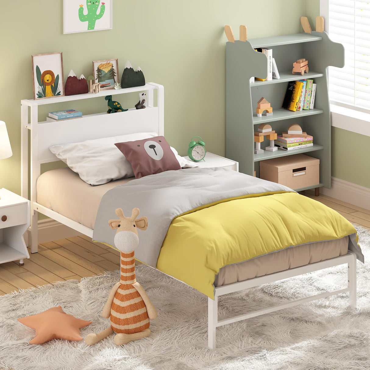 Weehom Twin Bed Frames for Kids, Twin Size Bed with 2 Tiers Wood Shelves Headboard No Box Spring Needed Easy Assembly Heavy Duty Metal Plaform, White Weehom