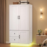 LIKIMIO Farmhouse Wardrobe Closet with Doors, 70" Bedroom Armoires with LED Lights and Hanging Rod, Wooden Large Wardrobe Cabinet with 2 Drawers and 1 Cabinet, Classic White LIKIMIO