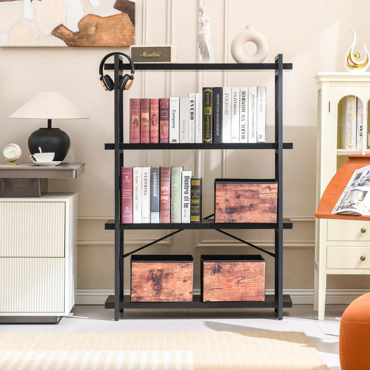 HCHQHS Bookshelf, 4-Tier Industrial Bookcase, Black Open Book Shelf, Freestanding Tall Bookshelves with Metal Frame HCHQHS