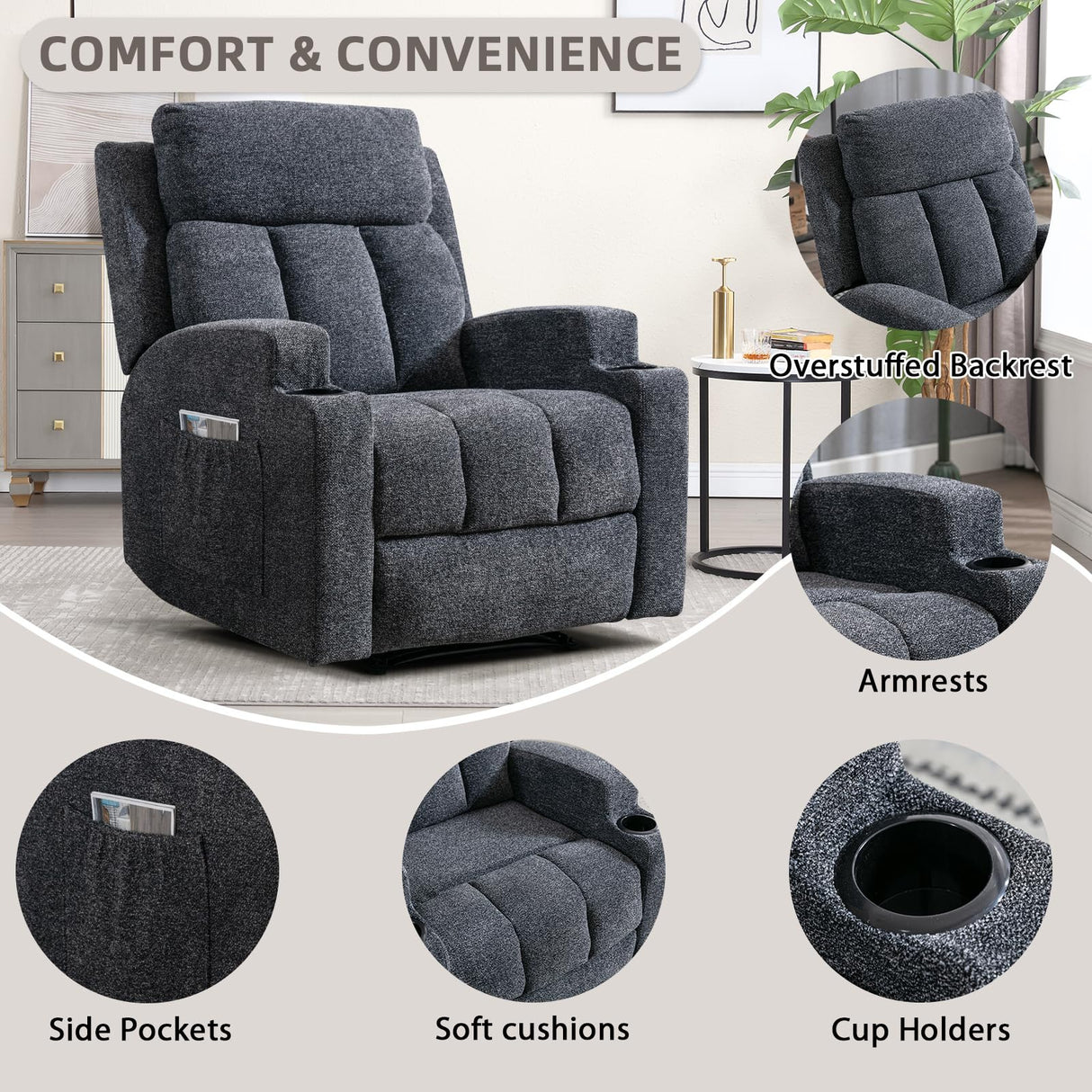 IOMOR Fabric Manual Recliner Chair for Adults, Comfy Reclining Chairs with Overstuffed Arm and Back, Single Sofa for Living Room (2, Dark Grey) IOMOR