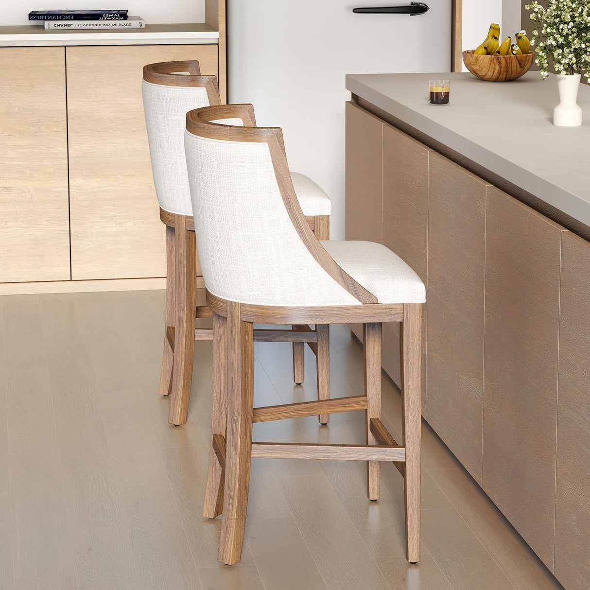 Kmax 26” Counter Height Bar Stool Set of 2, Farmhouse Upholstered Fabric Barstools with Curved Back and Solid Wood Legs, 20.5” W Bar Chair Counter Stool for Kitchen Island, Beige Kmax
