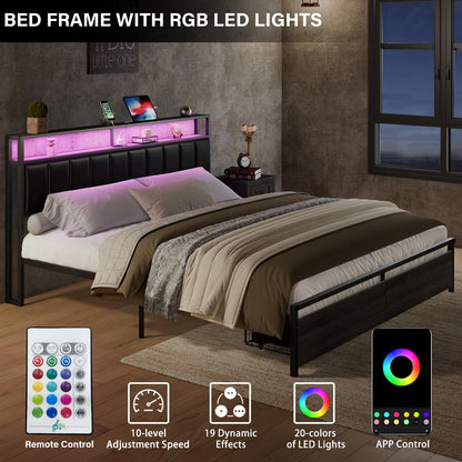 LUXOAK King Bed Frame with RGB LED Lights, 2 Drawers, and Charging Station in Black - WoodArtSupply