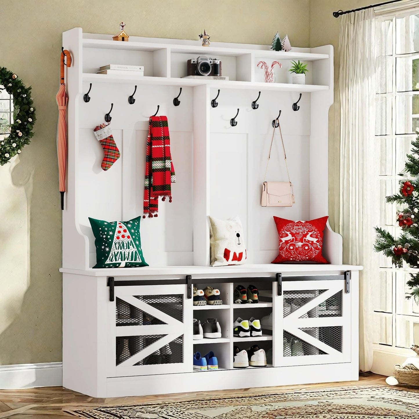 YITAHOME 59" Wide Hall Tree with Shoe Storage for Entryway, 16 Shoe Cubbies & 12 Coat Hooks, Entryway Bench with Coat Rack, Shoe Storage Cabinet for Hallway (White)