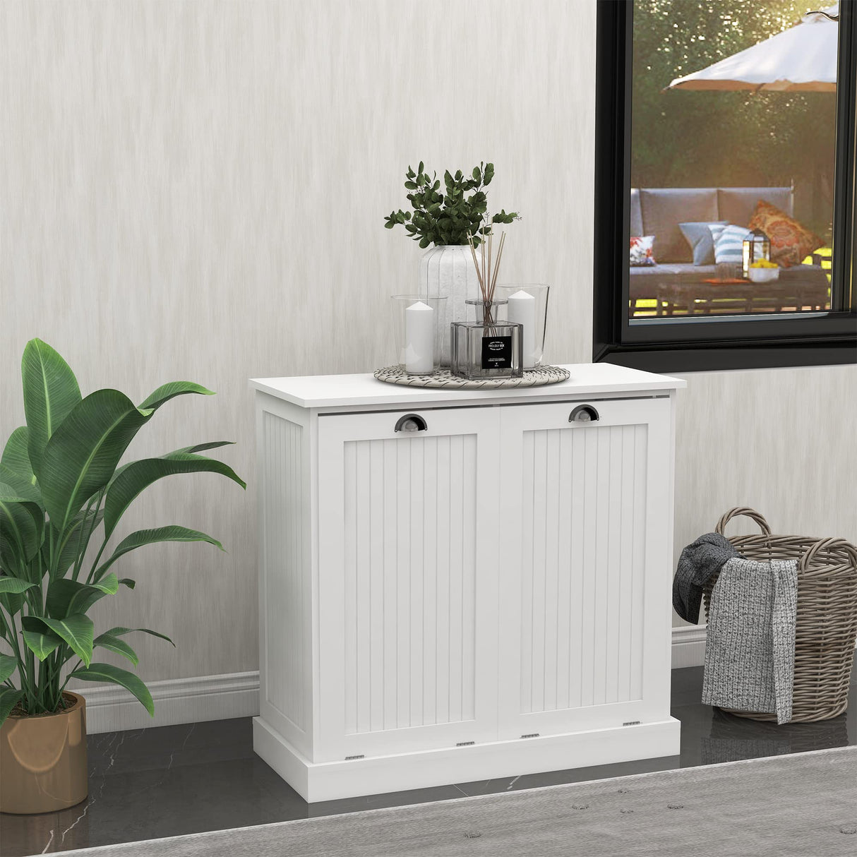 OQSC Double Tilt Out Trash Cabinet Laundry Sorter Cabinet Free Standing Laundry Cabinets and Storage Dog Proof Recycling Cabinet Kitchen Island with Garbage Bin (White) OQSC