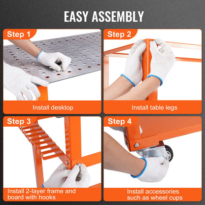 VEVOR Welding Table Moveable 36"x24", Welding Workbench Table 600lbs on Wheels, Portable Work Bench with Double-Layer Storage Board and 11 Hooks - WoodArtSupply