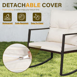 SUNCROWN 3-Piece Patio Bistro Set Outdoor Rocking Chairs Set Brown Wicker Porch Chairs with Glass Coffee Table, Beige Cushion SUNCROWN