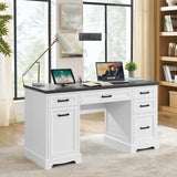 Farmhouse Executive Desk with Drawers and Charging Station,55.1" White Home Office Computer Desk with File Drawers Storage Cabinet, Morden Wood Table Study Workstation for Work Study Writing (White) Alohappy