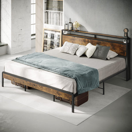 LIKIMIO King Size Platform Bed Frame with 2-Tier Storage Headboard in Vintage Brown LIKIMIO