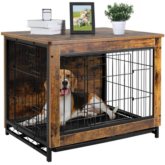 Arlopu 29" Dog Crate Furniture, Side End Table, Modern Kennel for Dogs Indoor, Wooden Heavy-Duty Dog Cage, Dog House, Night Stand, w/Removable Tray, Double-Door, 3mm(Dia) Metal Wire