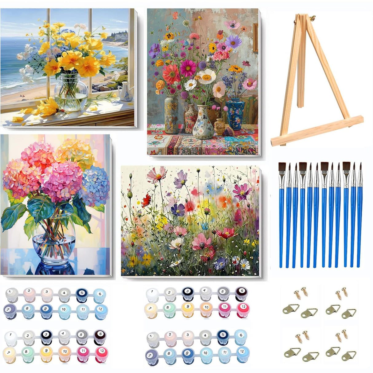 VIGEGU 4 Pack Paint by Numbers Kit for Adults with Frame,Paint by Number with Wooden Easel DIY Flower Adult Paint by Number Kits for Home Decor12x16-13.8x13.8 inch VIGEGU
