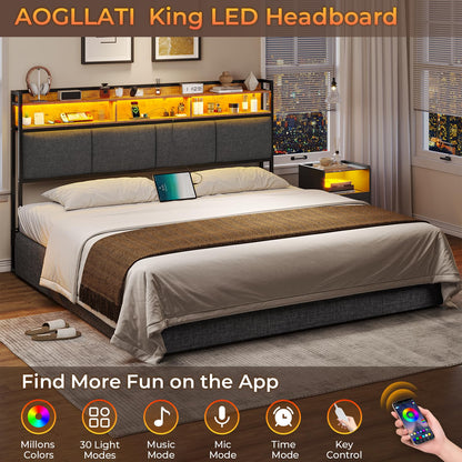 AOGLLATI King Headboard with LED Lights & Charging Station, Grey - Stylish 2-Tier Storage & Soft Backrest - WoodArtSupply