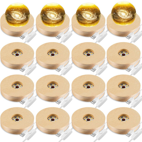 Honoson 16 Pcs Wooden LED Display Base LED Light Base Lighted Base for Crystal Art Wood Display Lighted Base for Glass Art for Display 3D Crystal Glass Resin Art Warm Light Honoson