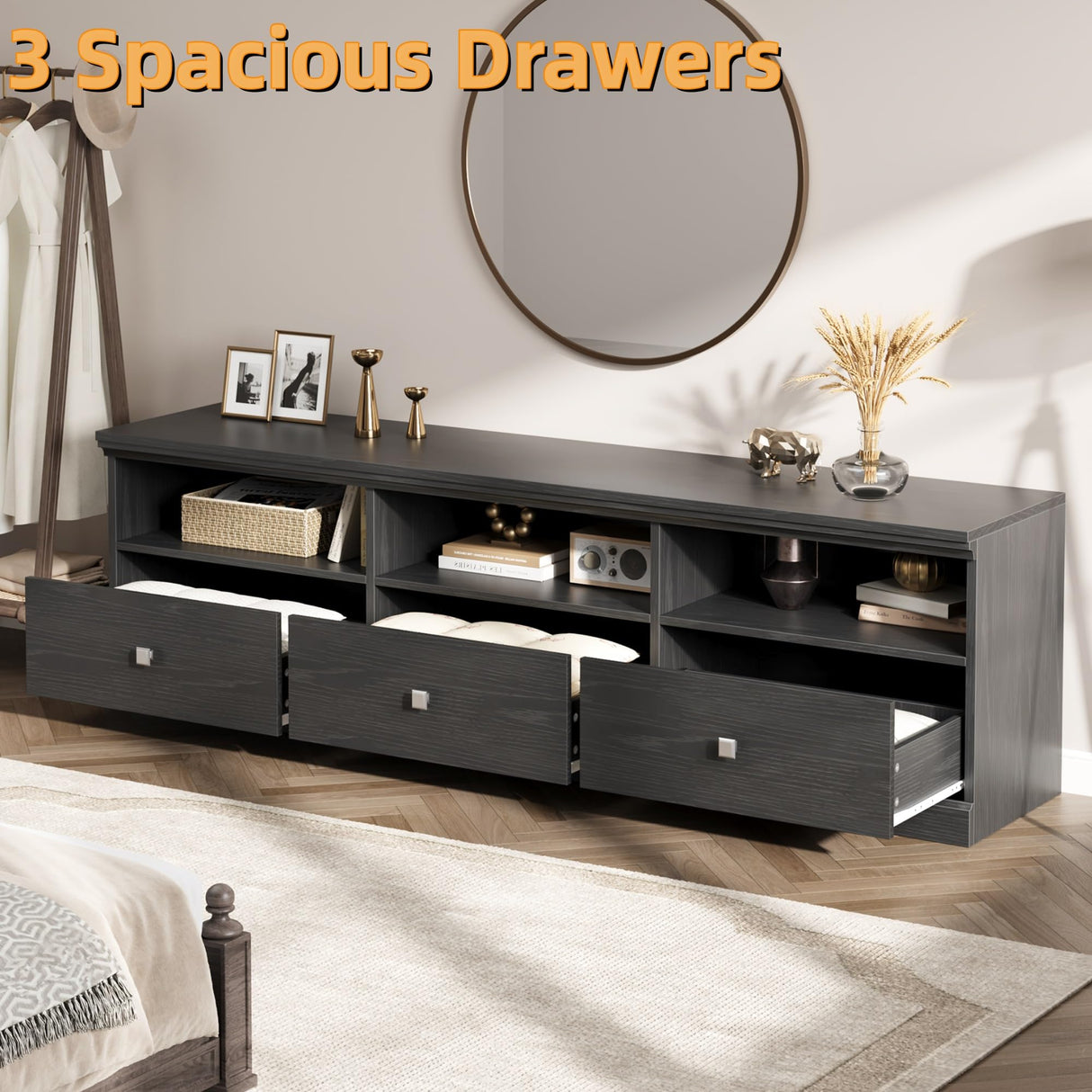 IDEALHOUSE 70in TV Stand for TVs up to 80", Mid Century Modern Entertainment Center with Storage Drawer and Open Shelves, TV Console Media Cabinet for Living Room, Bedroom, Black IDEALHOUSE