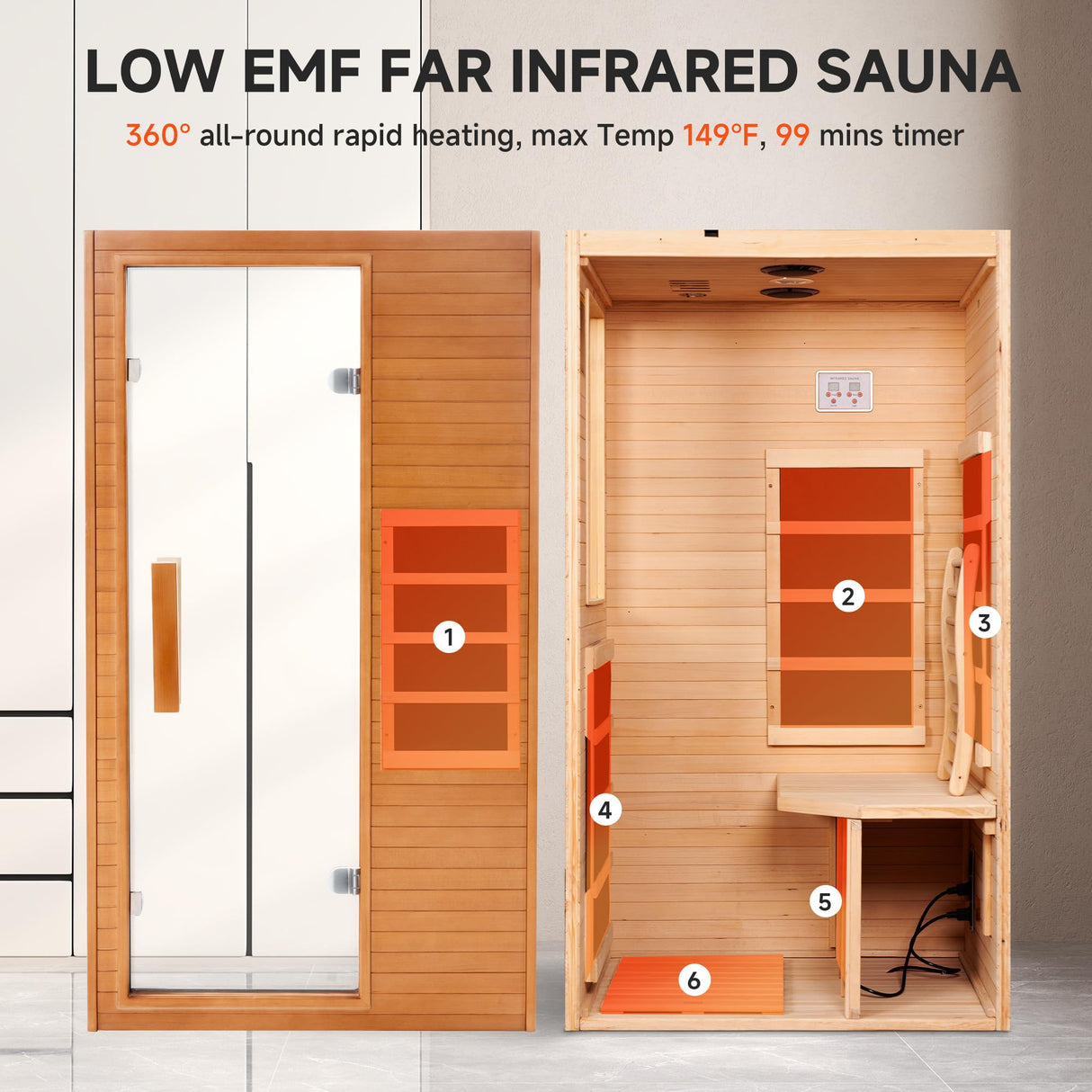 Real Relax Far Infrared Sauna Room 1 Person, Compact Hemlock Wooden Indoor Home Sauna Room with 950W 6pcs Low EMF Heating Plates Real Relax