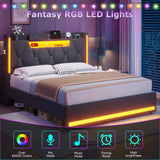 BYSAUD Queen Bed Frame with Storage Headboard & Hidden Storage, Upholstered Bed Frame Queen Size with LED Lights, with Charging Station, No Noise, No Box Spring Needed, Gray, Linen Cloth BYSAUD