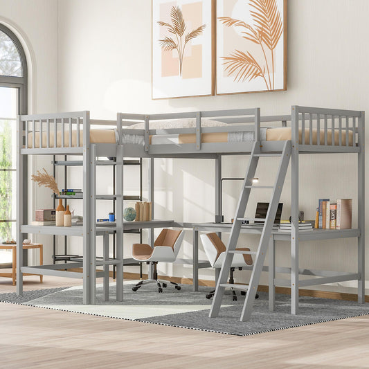 CITYLIGHT Twin Size L-Shaped Loft Bed with Built-in Desks – Grey, Perfect for Kids and Teens - WoodArtSupply