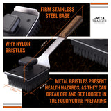 Traeger Grills BAC537 BBQ Cleaning Brush for Outdoor Grill – Stainless Steel Grill Scraper with Nylon Bristles, Teak Wood Handle, Dual Grip Design, and Hanging Loop Traeger