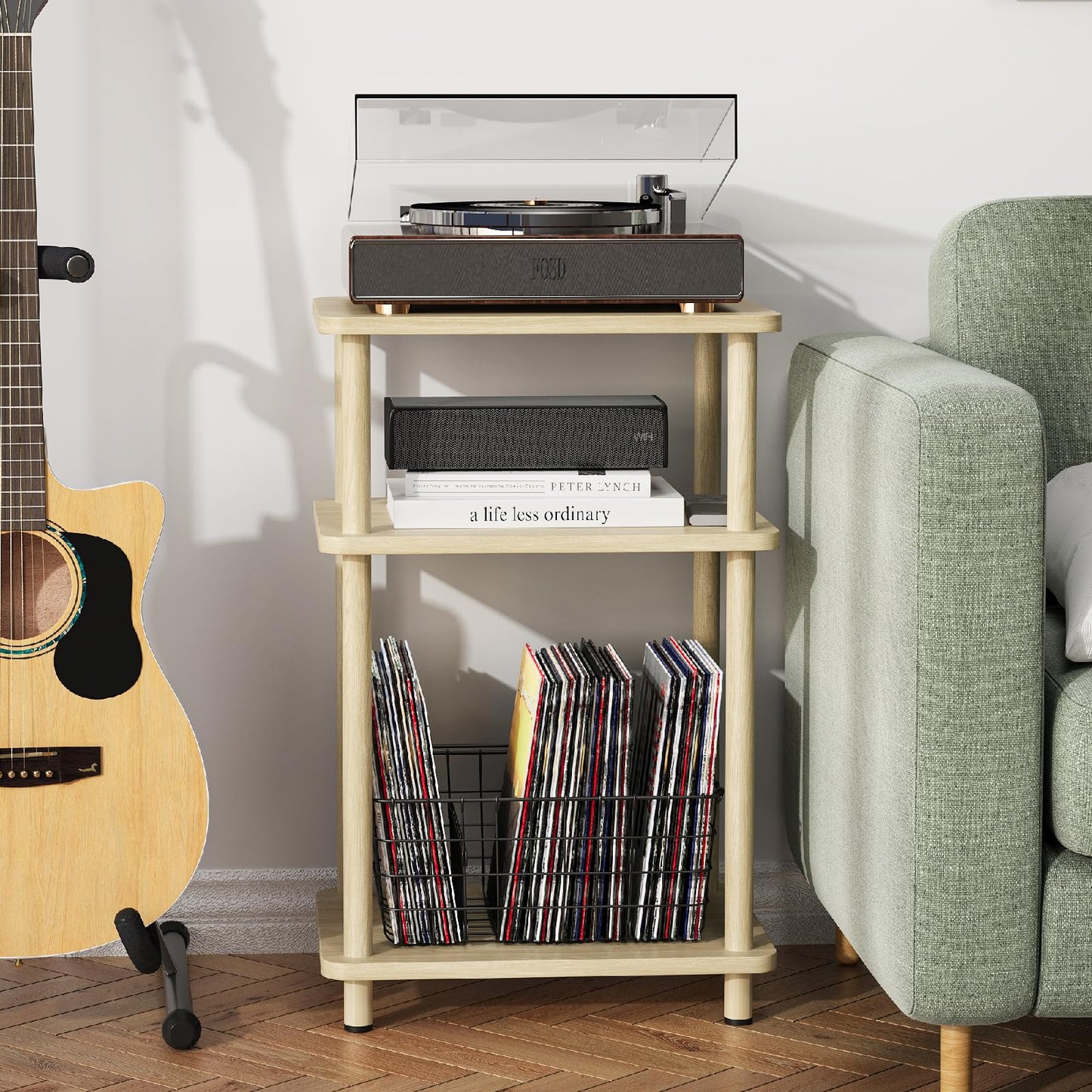 Apicizon 3 Tier End Table, Record Player Stand with Storage Shelf, Wooden Vinyl Record, Nightstand Bedside Table for Small Spaces, Bedroom, Living Room, Easy Assembly, Light Natural