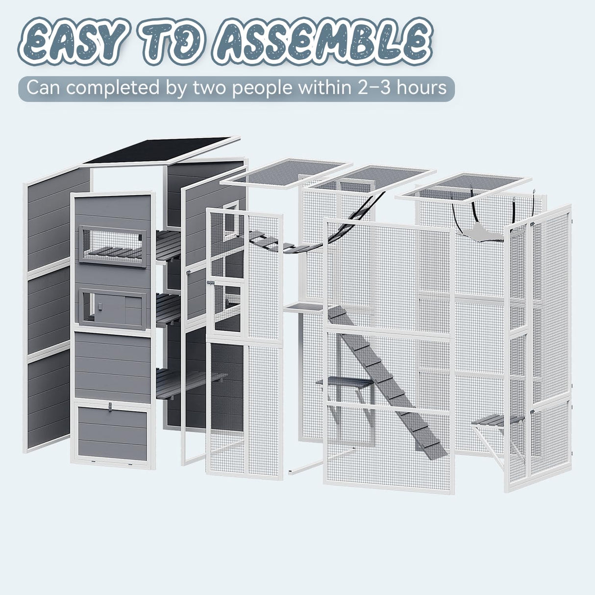 Catio Outdoor Cat Enclosure,4 Tiers Large Enclosures for Mulitiple Cats Walk in Cat Patio with Waterproof Roof, 74" Outdoor Catios with Hanging Hammock (Grey, 74”) QUYZE