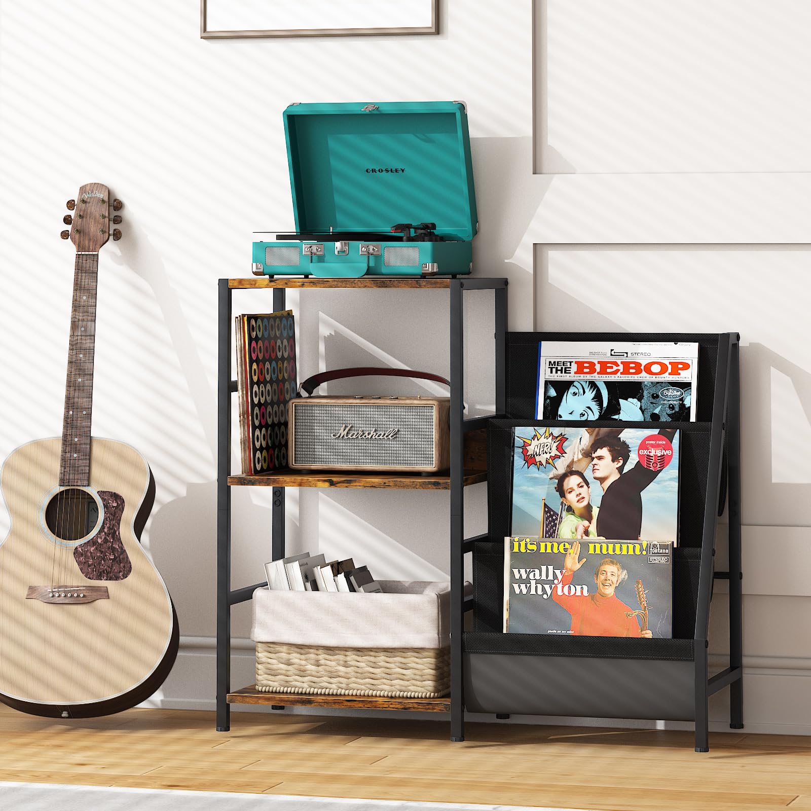 Arbuxzuy Modern 3 Tier Record Player Stand with Vinyl Storage & Display Shelf in Brown - WoodArtSupply