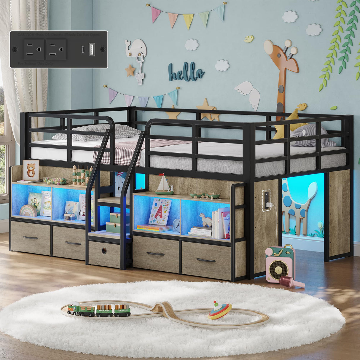 BYSAUD Twin Loft Bed, Low Loft Bed Twin with 5 Drawers, 6 Storage Bookcase & Under-Bed Play Space, Loft Beds for Kids with LED Lights & Charging Station, 15.8" H Safety Guardrails, Oak Gray BYSAUD