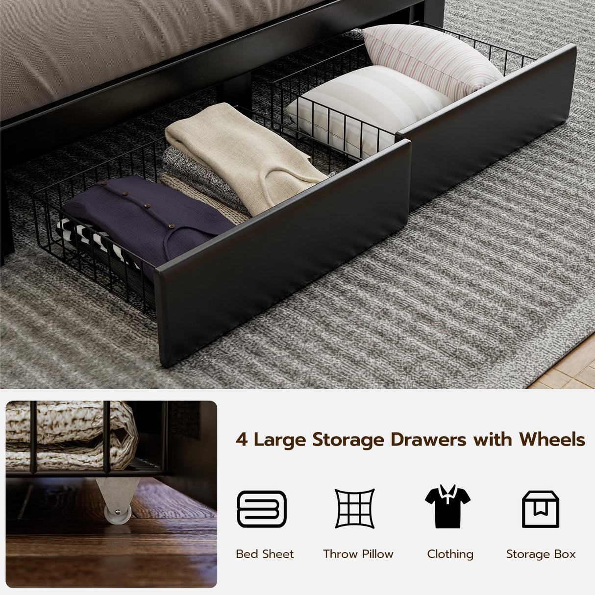 IKIFLY Queen Bed Frame with 4 Drawers, Storage Headboard, LED Lights & Charging Station in Black IKIFLY