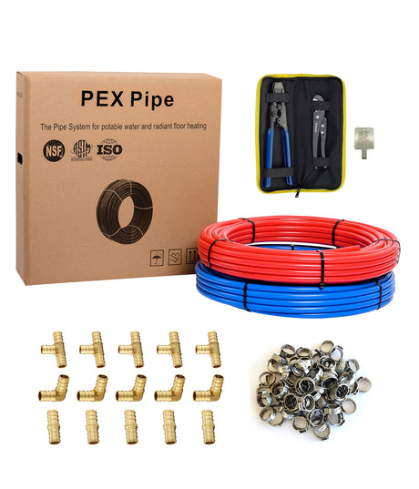 EFIELD 1/2 Inch 2 x100 ft Pex-b Pipe/Tubing(200 Ft), For Potable Water, Cold Hot Water, Brass Fitting, Crimping Clamp Tool, Cinch Clamps, Cutter Combo Kit (All in One) EFIELD