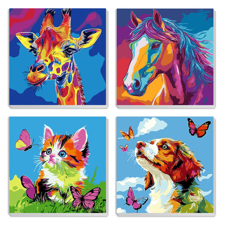 MXJSUA 4 Pack Cute Animals Paint by Numbers Kit with Framed Canvas for Ages 6-12 Kids, Deer Horse Paint by Numbers Kits for Beginners, Cat Dog Acrylic Oil Painting for Home Wall Decor Gift (8x8inch) MXJSUA