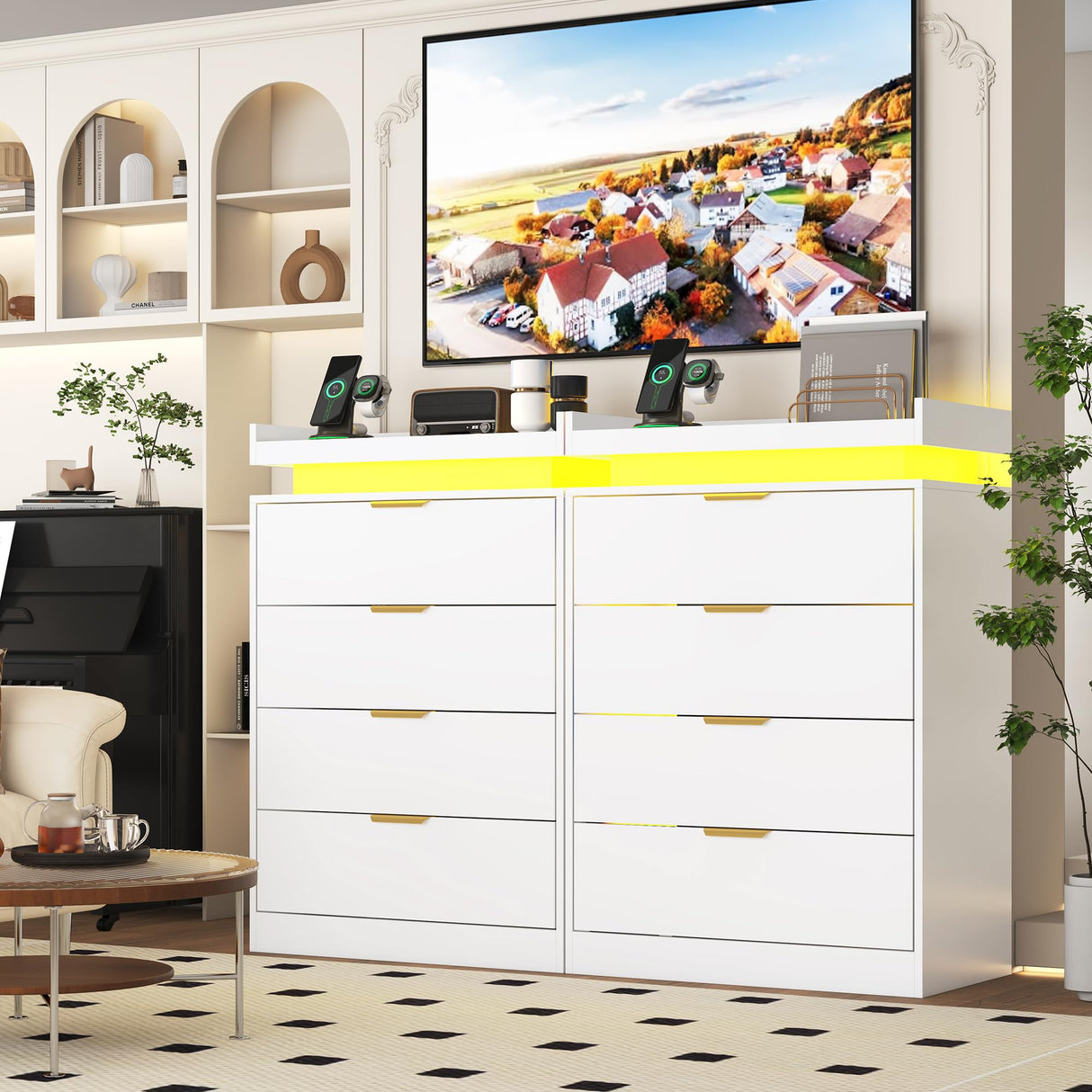 knoworld White Dresser with LED Lights, Wooden LED Dresser, 4 Drawer Chest with Charging Station, Tall Chest of Drawer Closet Organizer for Bedroom, Living Room, Entryway, Hallway knoworld