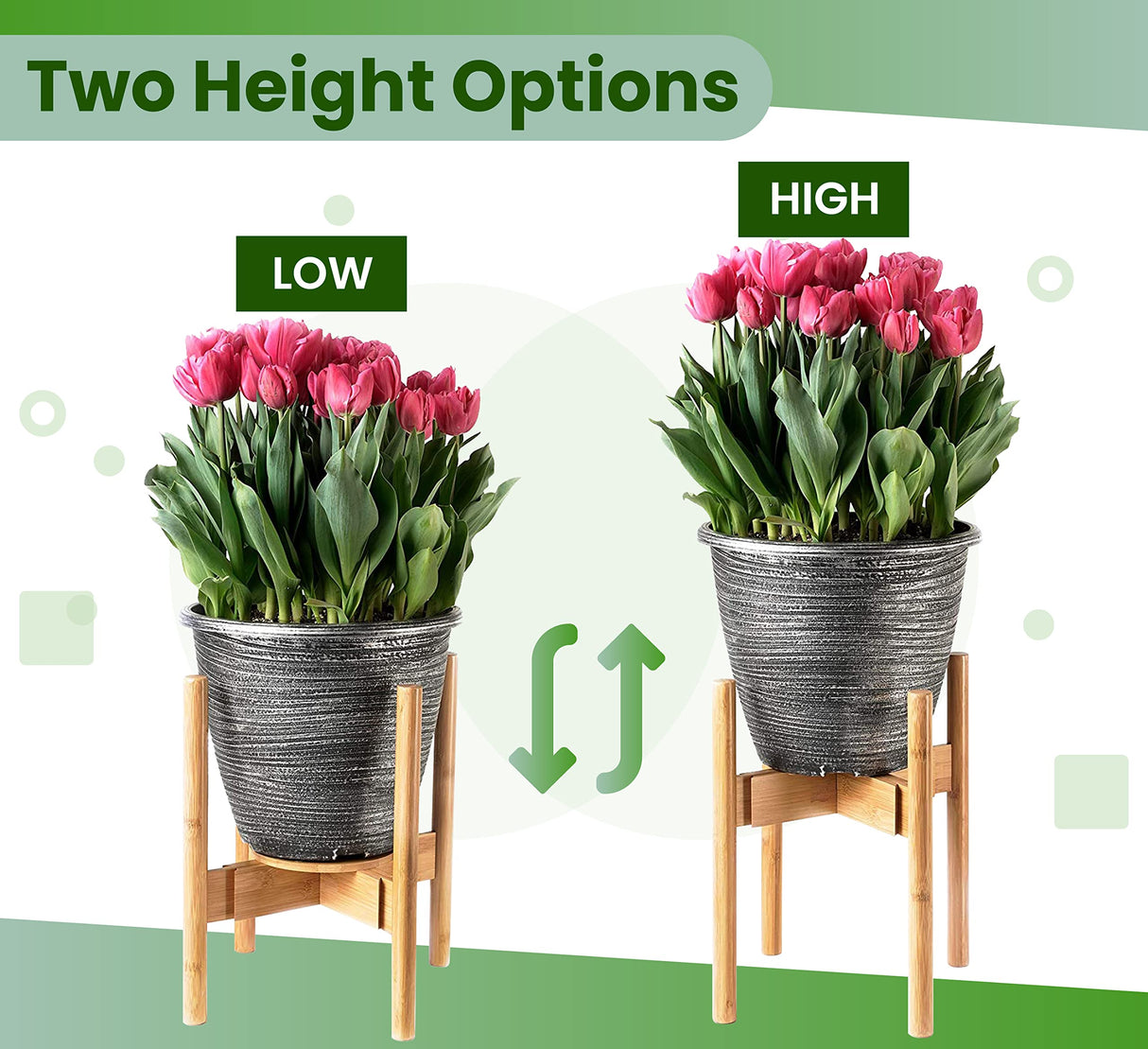 ZPirates Plant Stand for Indoor - Adjustable Sideways to fit 8 10 or 12 Inch-wide Medium-Large Planter Pots of Live and Fake Floor Plants [Leg14-inch Tall] - Bamboo Wood ZPirates