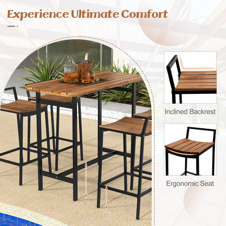 Tangkula 5-Piece Rustic Acacia Wood Outdoor Bar Set for Patio Dining and Relaxation Tangkula