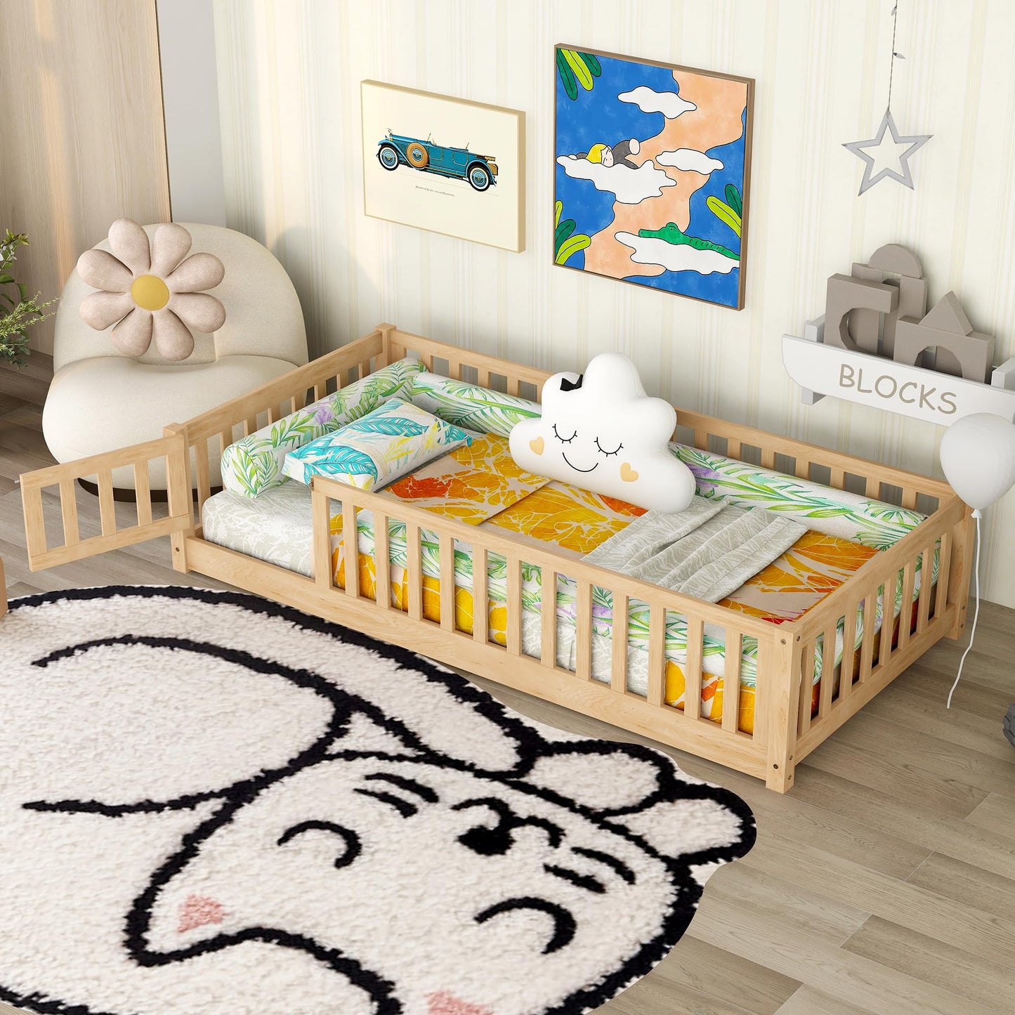 Bellemave Natural Twin Size Montessori Floor Bed with Door, Fence, and Removable Slats for Kids - WoodArtSupply