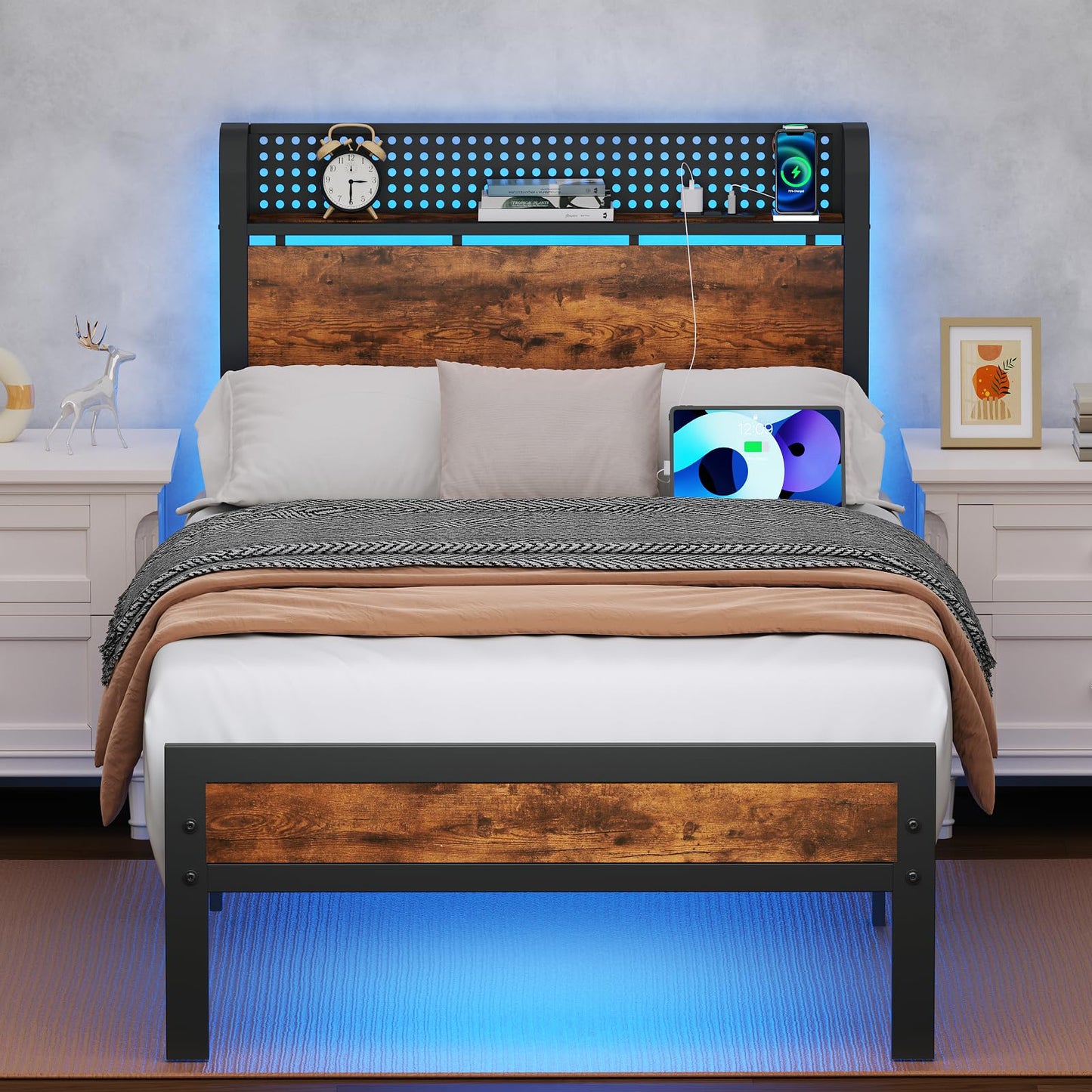 Furnulem Twin Bed Frame with LED Lights, Charging Station, and Under-Bed Storage in Rustic Brown - WoodArtSupply