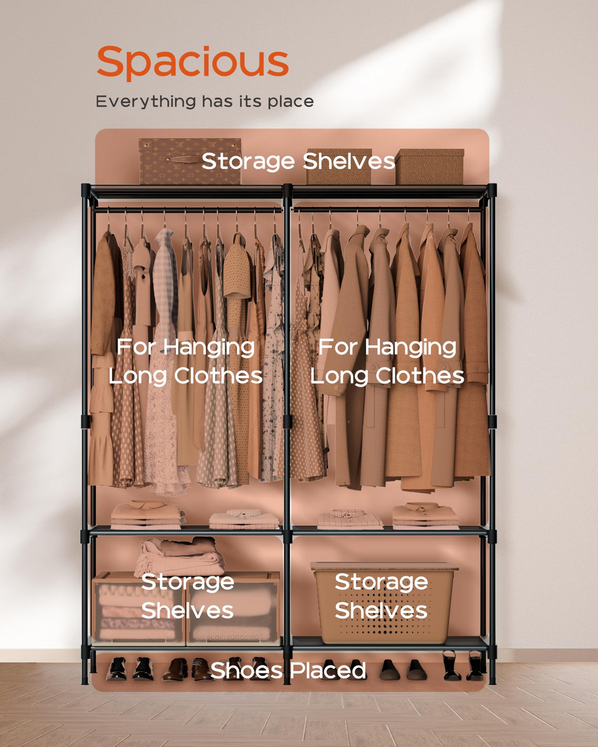 CASAMAYA Clothes Rack, Portable Closet, 54.3 Inch Large Capacity Wardrobe Closet, Clothes Storage Organizer with Shelves and 2 Hanging Rods, Easy to Assembly, Black PCT002B01 CASAMAYA