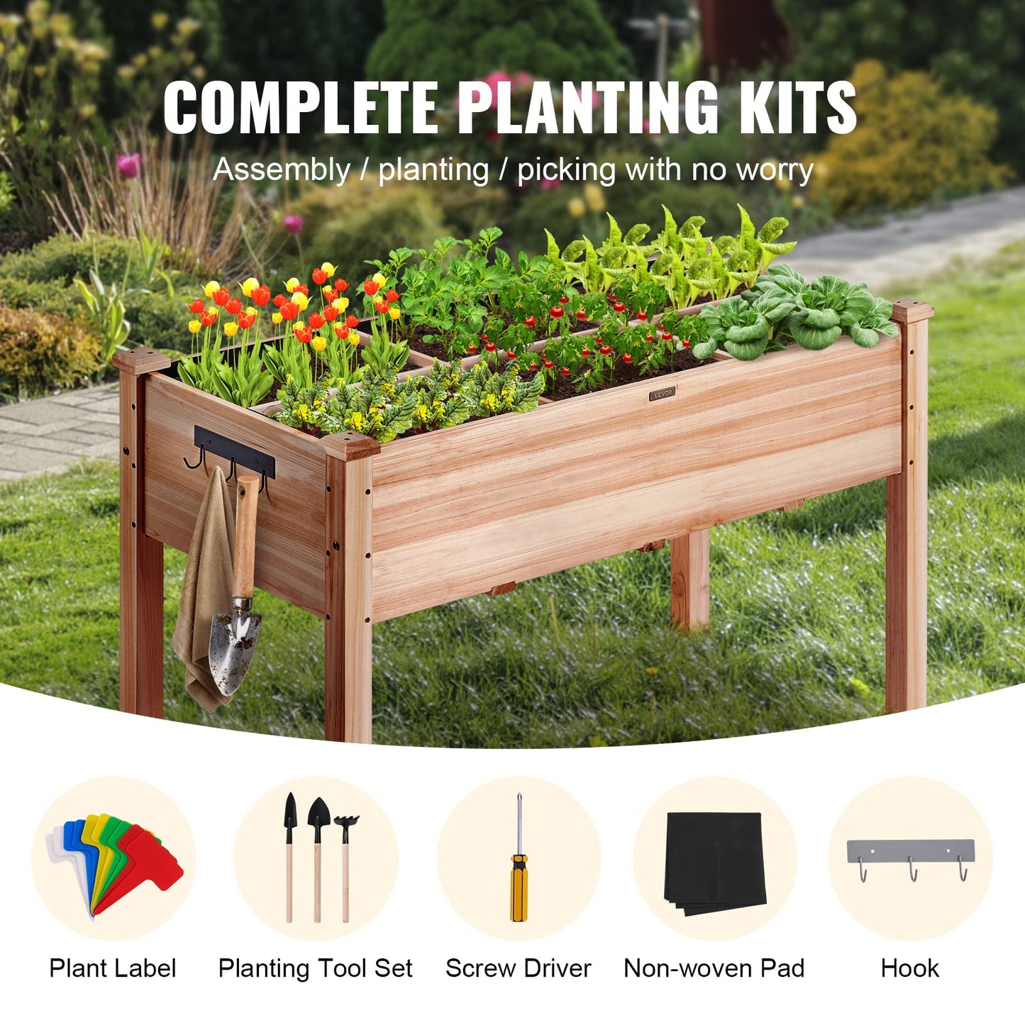 VEVOR Raised Garden Bed 48x24x30in with Sturdy Legs, High End Natural Fir Wood Planter Box Elevated Planting Stand for Backyard/Garden/Patio/Balcony w/Non -Woven Liner & 1 Set of Tool, 220lb Capacity