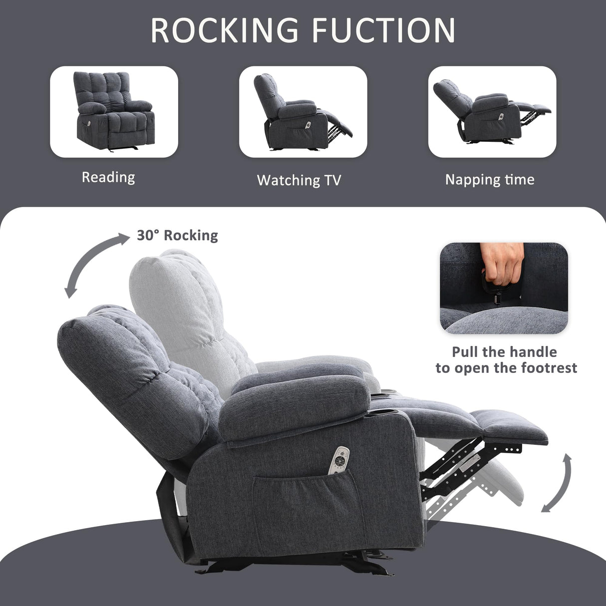 Massage Recliner Chair for Adults with Lumbar Heating Rocker Recliners with 2 Cup Holders and USB Charge Port for Living Room KWKSV