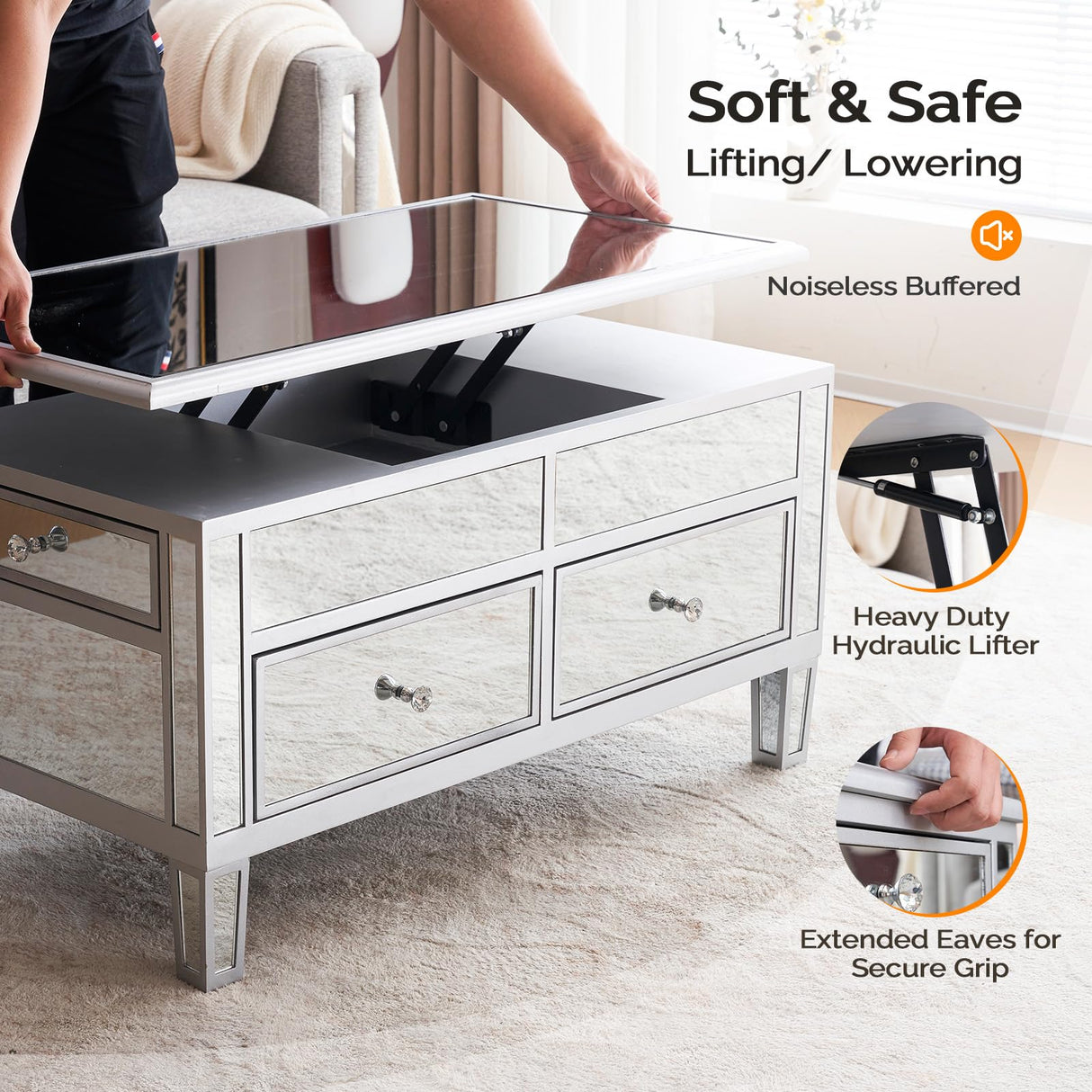 VINGLI Mirrored Lift Top Coffee Table, Assembled Modern Coffee Table with Drawers for Living Room (Silver, 35'' x 19'' x 18'') VINGLI