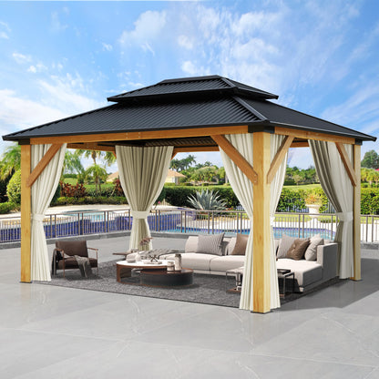 13' x 15' Wood Gazebo, Hardtop Gazebo with Double Roof Galvanized Steel Top, Outdoor Cedar Wooden Gazebo with Curtain & Netting for Garden, Patio, Deck, Backyard (13'×15') - WoodArtSupply