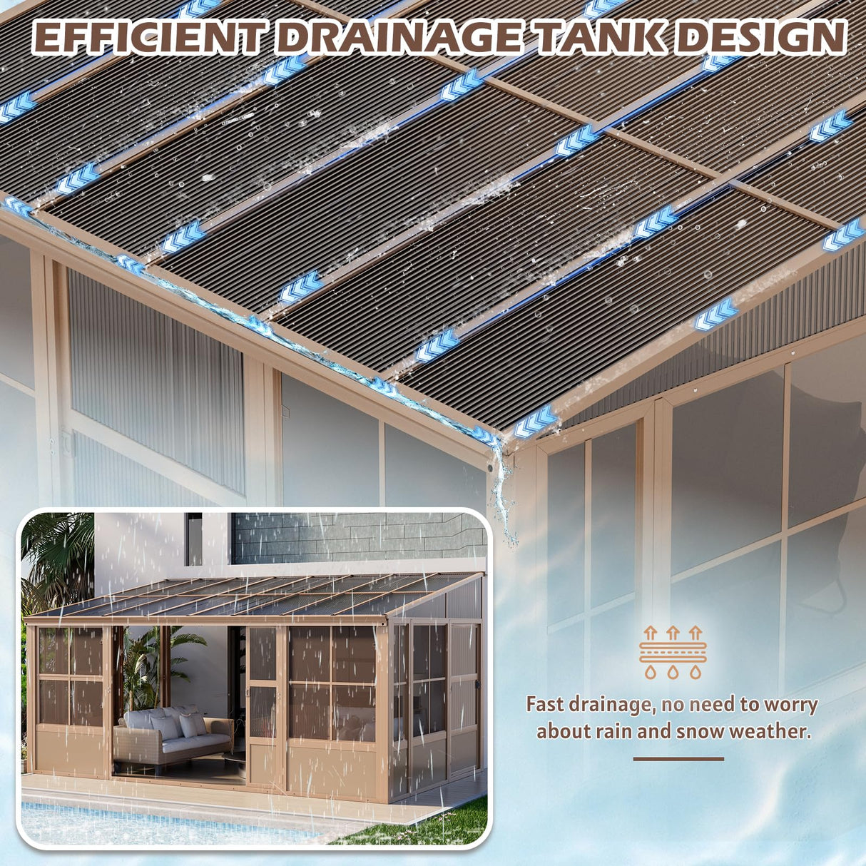 EROMMY 10' x 16' Sunroom, Wall Mounted Gazebo Solarium with Drainage Trough, Polycarbonate Roof, Lean to pergola for Garden, Permanent Sun Room with Lockable Sliding Doors, Brown EROMMY