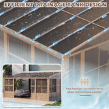 EROMMY 10' x 16' Sunroom, Wall Mounted Gazebo Solarium with Drainage Trough, Polycarbonate Roof, Lean to pergola for Garden, Permanent Sun Room with Lockable Sliding Doors, Brown EROMMY