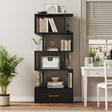 5-Tier Bookshelf, 59” Tall S Shaped Bookcase with Drawer, Freestanding Room Divider with Anti-Tipping Device, Wood Geometric Open Storage Display Shelf for Living Room,Study Room,Home Office(Black) HOTLUU