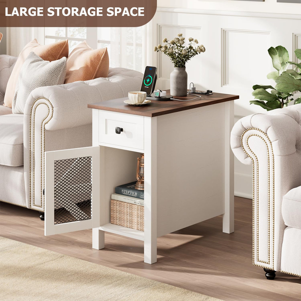 HAIOOU Farmhouse End Table with Charging Station, Narrow White Side Tables with Storage Cabinet and Drawer, Wood Nightstand with Power Outlets & USB Ports for Bedroom, Living Room HAIOOU