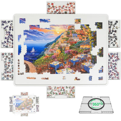 BuilderButler Rotating Puzzle Board for 1500 Pieces with 6 Sliding Drawers and Cover – 360° Lazy Susan Spinning, 26"x35" Portable Plastic Puzzle Table, Christmas Gift for Mom Jigsaw Puzzle Enthusiasts