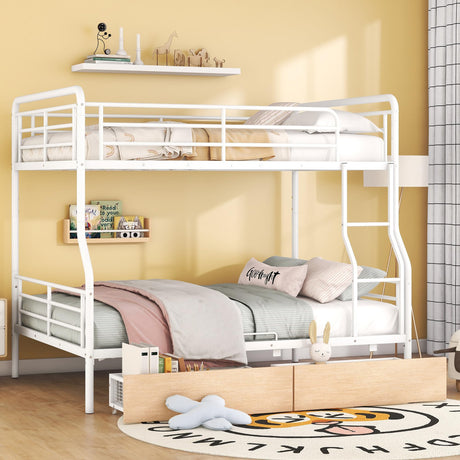 Favfurish Full Over Queen Metal Bunk Bed with 2 Storage Drawers,Contemporary Iron-Crafted Bed Frame,w/Ladder & Full Length Gridded Guardrails,No Box Spring Needed,for Bedroom Guest Room,White Favfurish