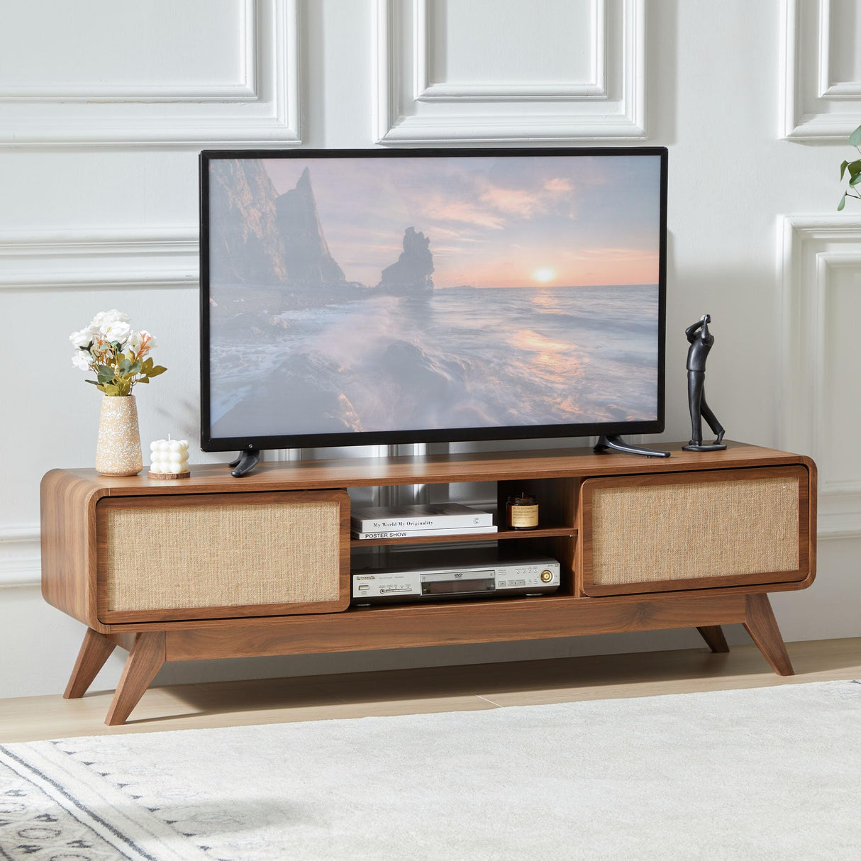 AVZEAR Mid Century Modern TV Stand for TVs up to 65'', Farmhouse Entertainment Center with Storage, TV Cabinet Table with Nature Linen Doors, Media Console TV Consoles for Living Room Bedroom (Walnut) AVZEAR