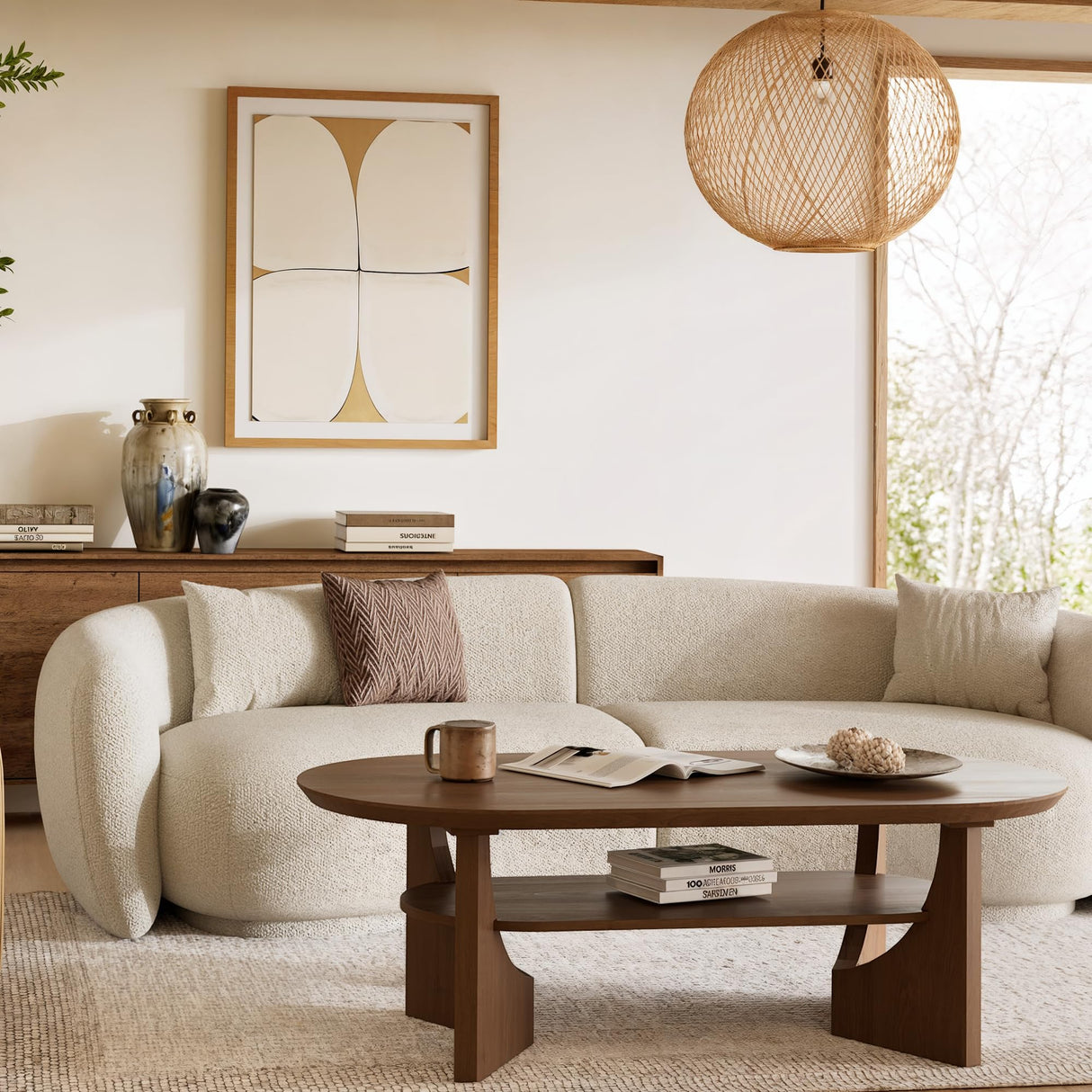 Vitalikus Mid Century Modern Coffee Table, 47" Oval Wood Coffee Tables for Living Room, 2 Tier Curved Round Center Table with Storage Shelf & Sturdy Base, Minimalist Retro Tea Tables, Walnut Vitalikus