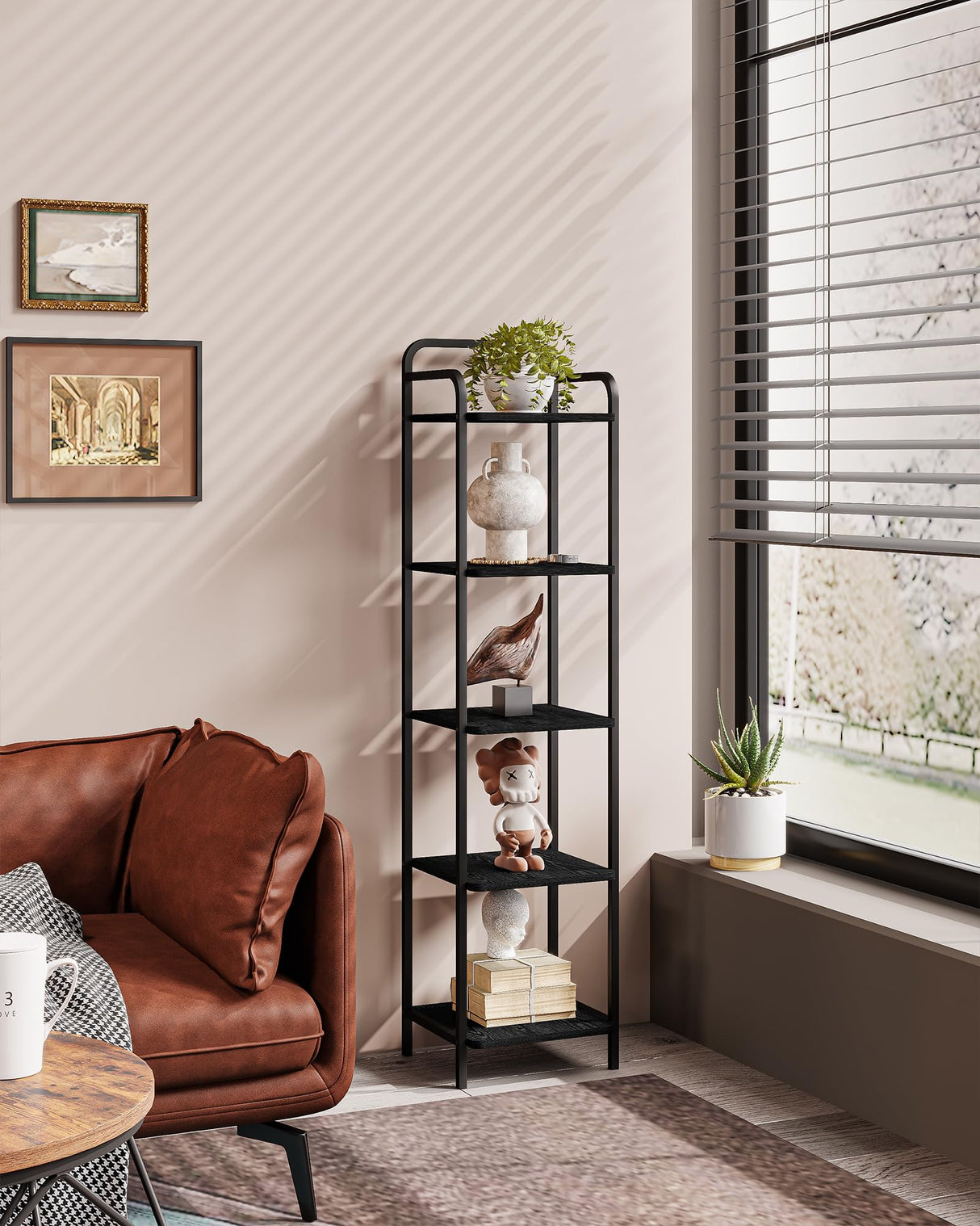 Hzuaneri Bookcase Bookshelf, Narrow Book Shelf, Industrial Corner Shelf Storage Organizer, Slim Shelving Unit for Home Office, Living Room, Bedroom, Kitchen, 5-Tier Black BC24504B Hzuaneri