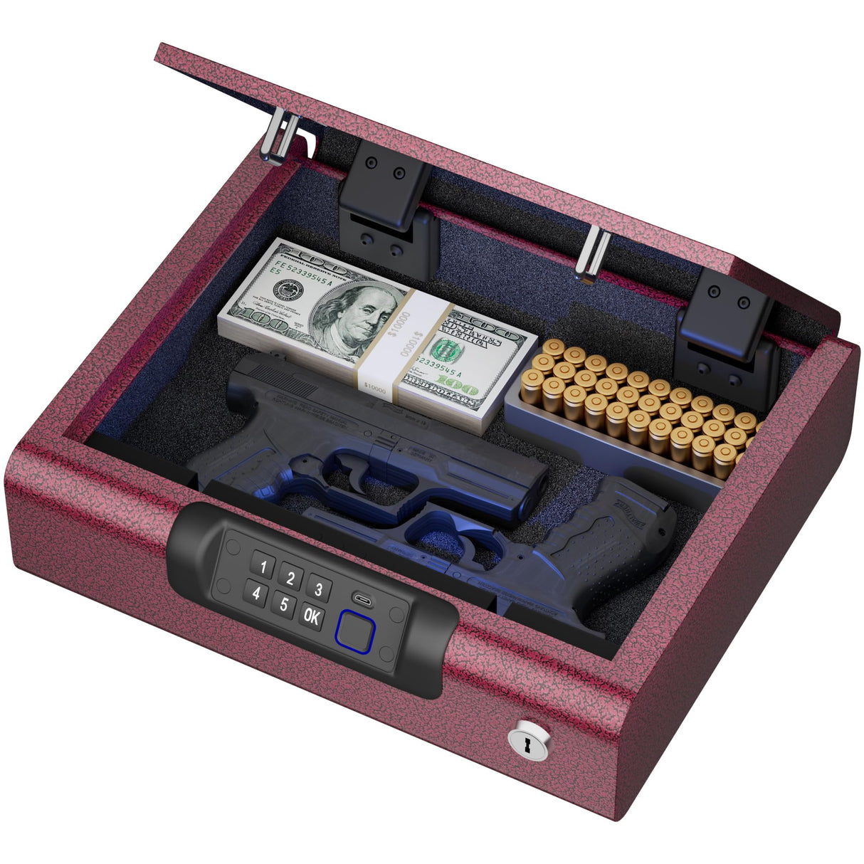 Gun Safe,Biometric Gun Safe for Pistols 3-Ways unlock Fingerprint Digital PIN Key Unlock with Sound, Lock box for Cloakroom living room Bedroom Nightstand and Car BILLCONCH - Burgundy Red BILLCONCH